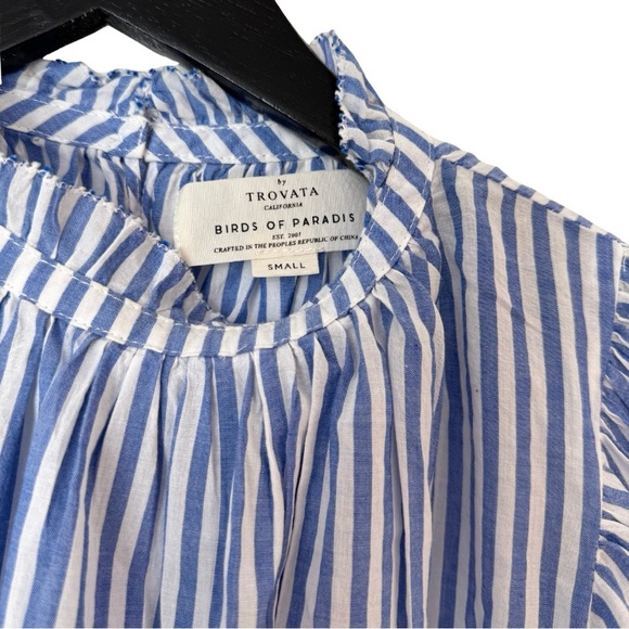 Trovata Small Carla Highneck Shirt in Blue White Stripe Flutter Sleeve Preppy - Picture 9 of 11